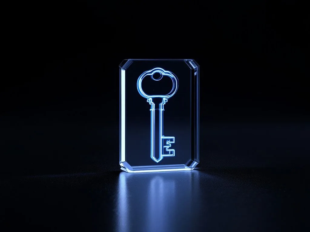 Clé en verre suspendue au-dessus d'un sol noir, symbole de la propriété de son site internet