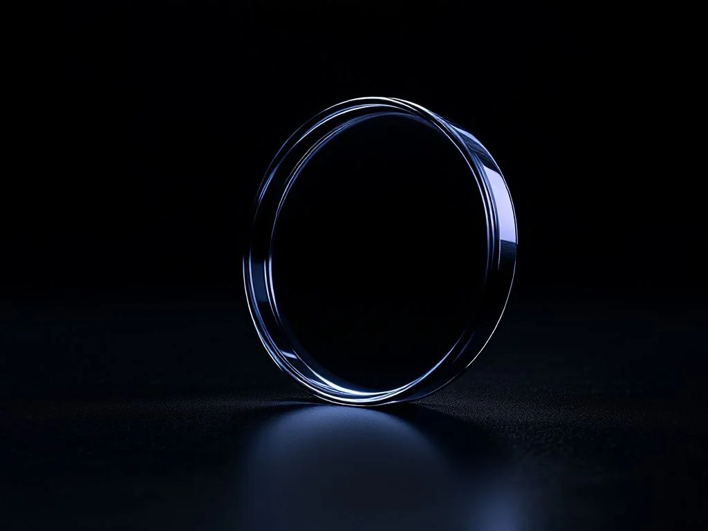 Pièce de monnaie en verre dressée sur la tranche au-dessus d'un sol noir, symbole du prix d'un clic Google Ads