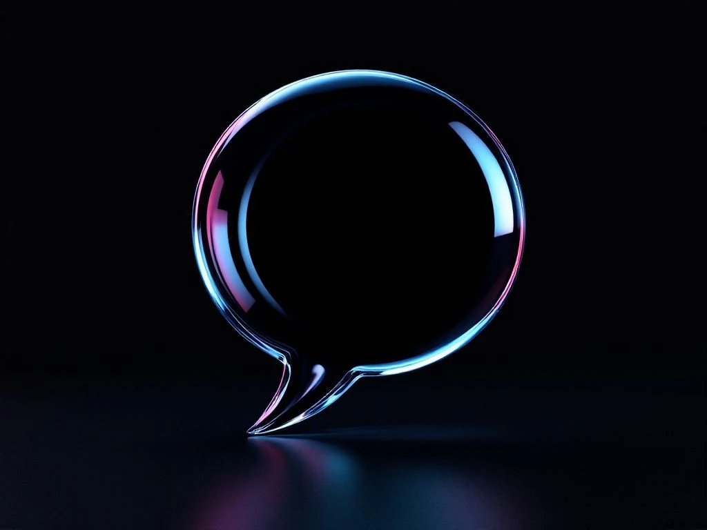 Bulle de dialogue en verre sur fond noir aux reflets bleus et lavande, symbole du référencement ChatGPT d'une entreprise locale