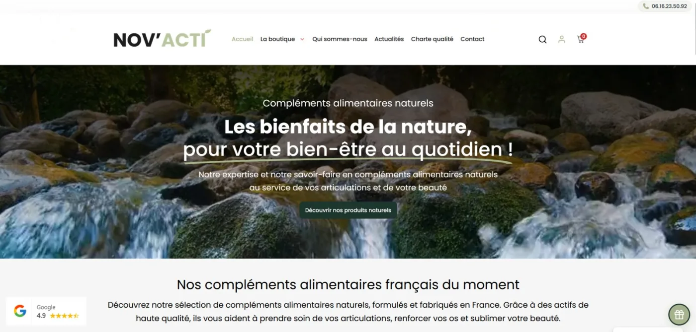 Page d'accueil du site e-commerce Nov'Acti, compléments alimentaires naturels, réalisé par Altitude Studio