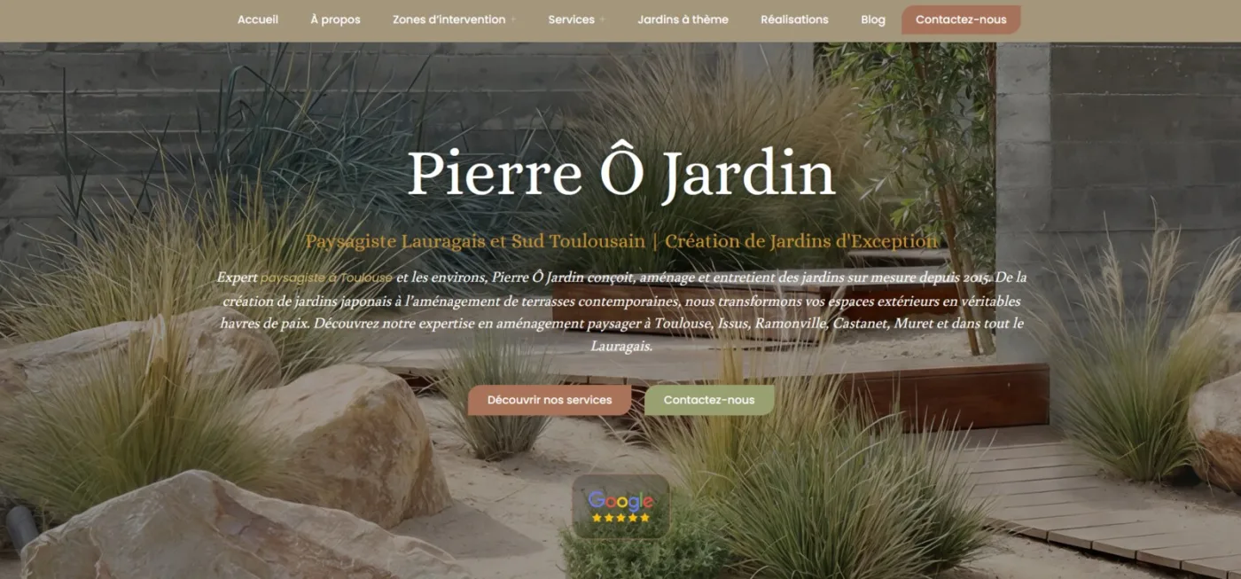 Page d'accueil du site de Pierre ô Jardin, paysagiste créateur en Lauragais, réalisé par Altitude Studio