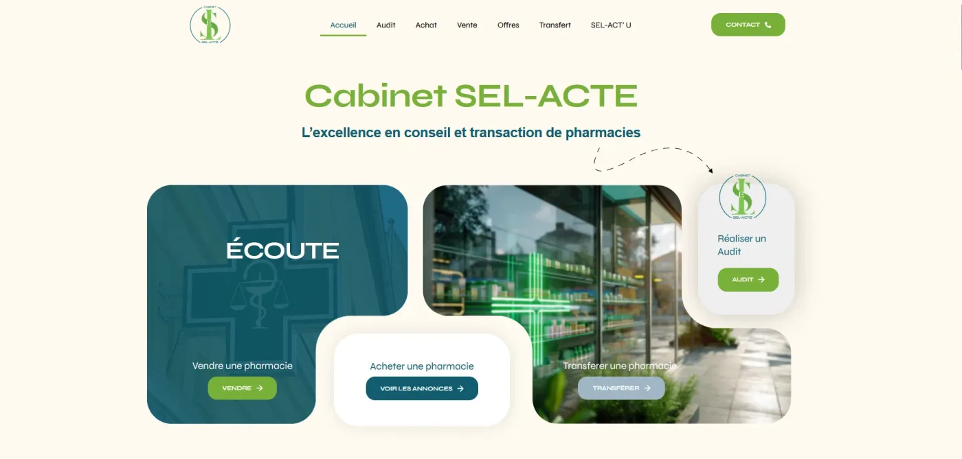Page d'accueil du site de SEL-ACTE, conseil en cession de pharmacies à Fronton (31), réalisé par Altitude Studio