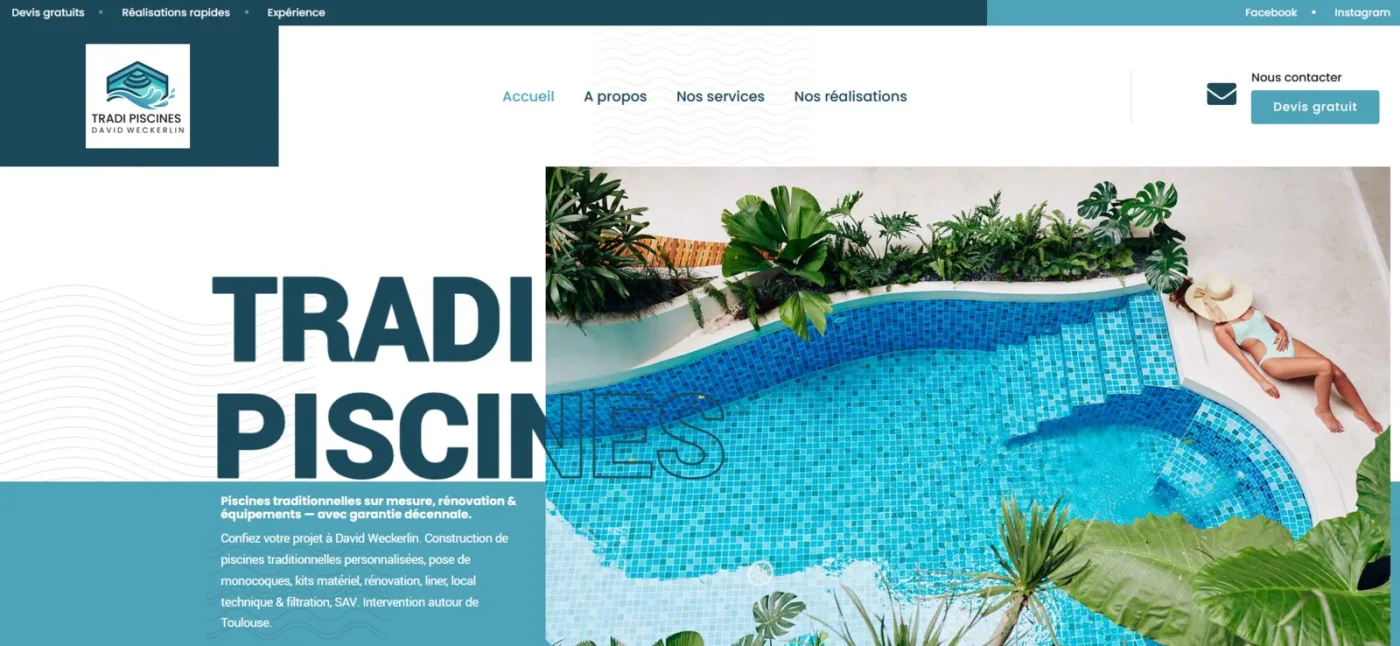 Page d'accueil du site de Tradi Piscines, pisciniste à Toulouse, réalisé par Altitude Studio