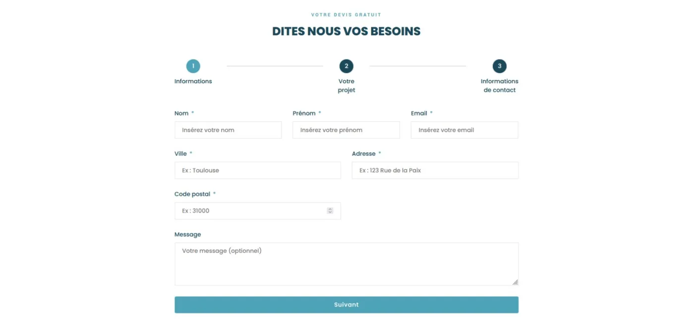 Formulaire de demande de devis en plusieurs étapes