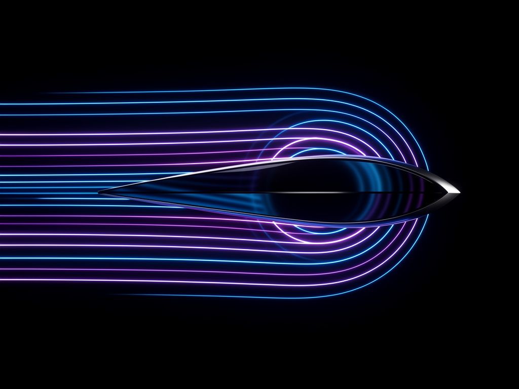 Forme profilée avec traînées de lumière bleues et violettes, effet vitesse