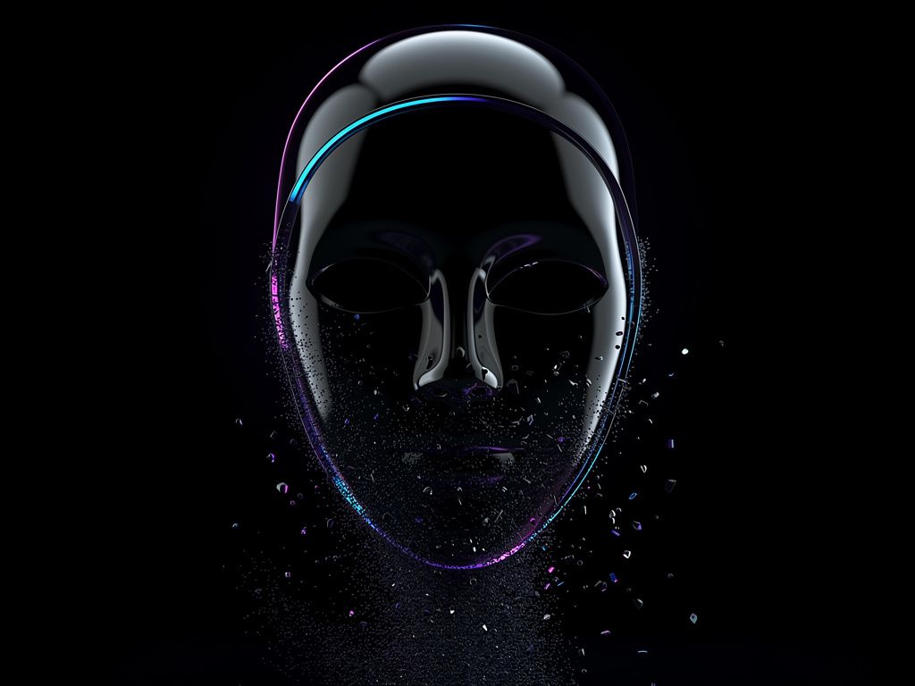 Masque de verre noir se dissolvant en particules, liseré bleu-violet